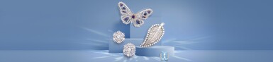Elegant diamond brooches on blue display