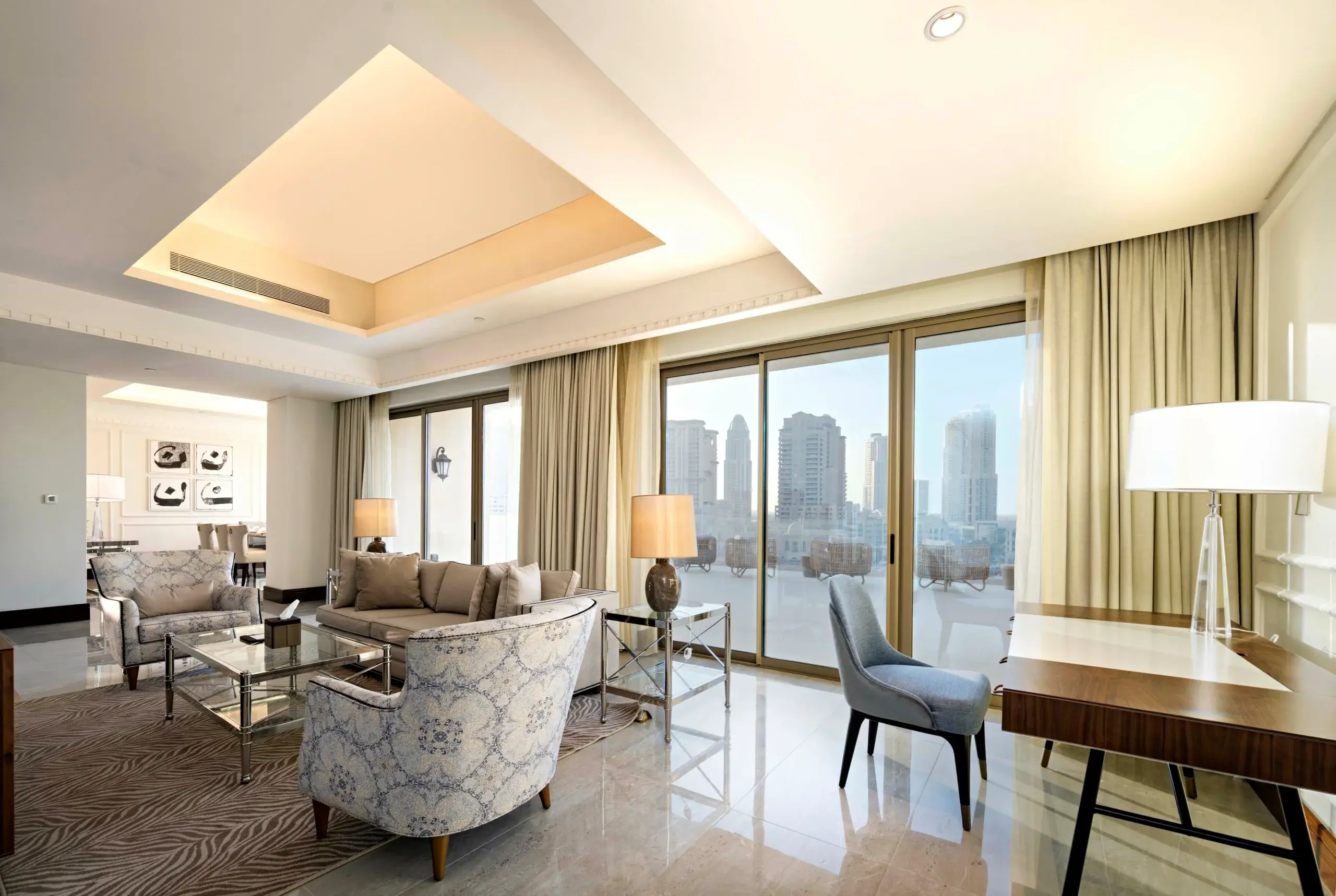 A stylish living room with a city view.