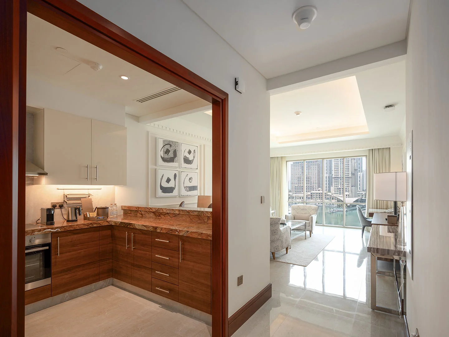 Kitchen view into a modern living room.