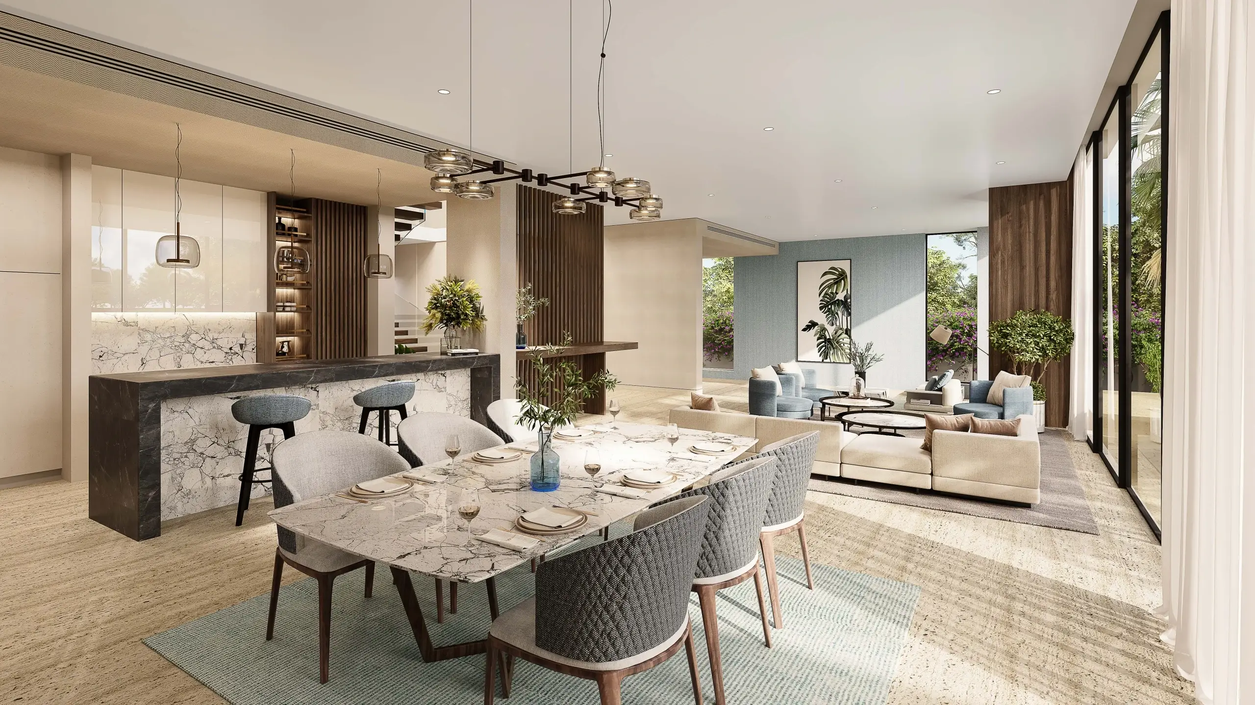 A luxurious open-plan living and dining area.