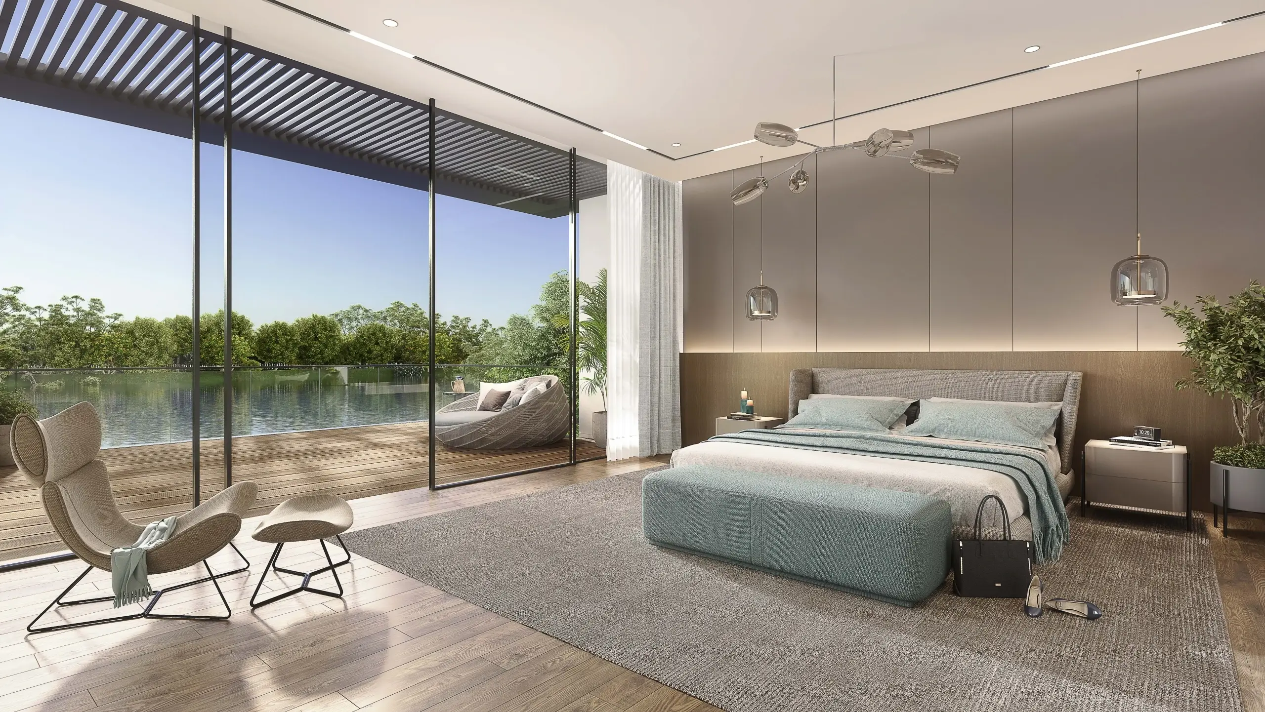 A modern bedroom with a view of a lake