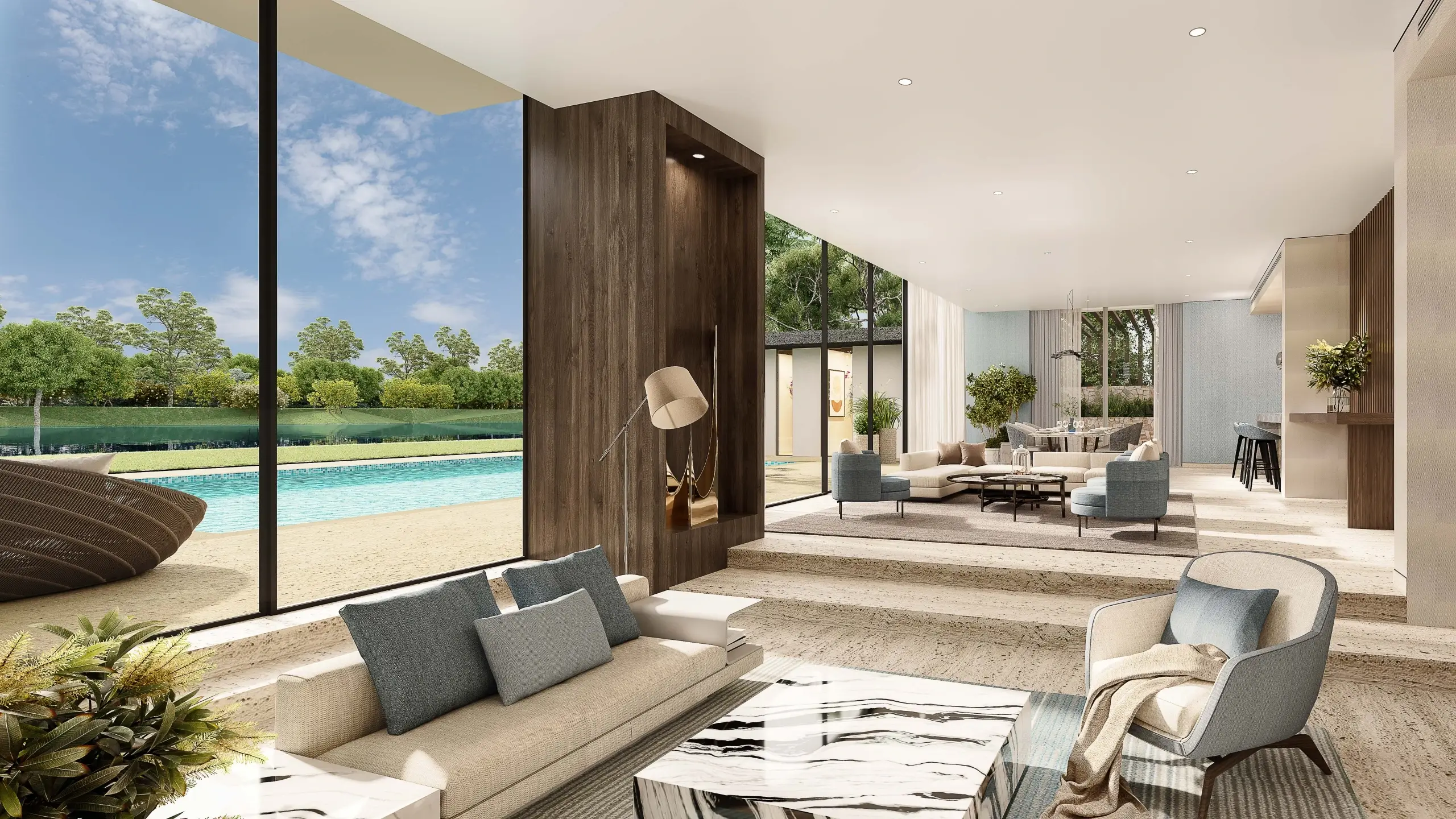 Living room with pool view.