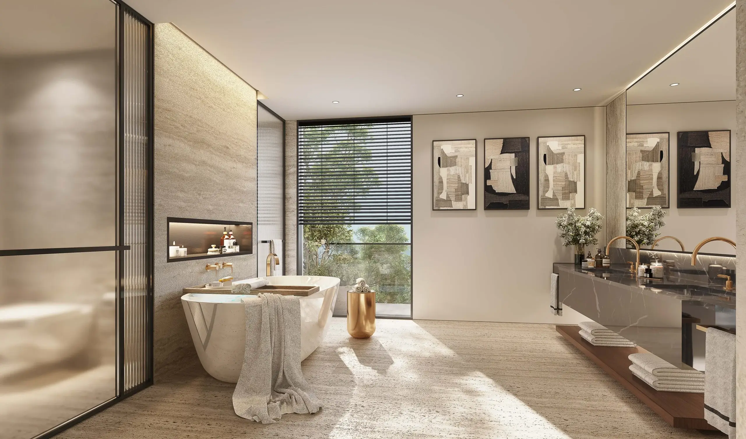 Modern bathroom with freestanding tub and vanity.