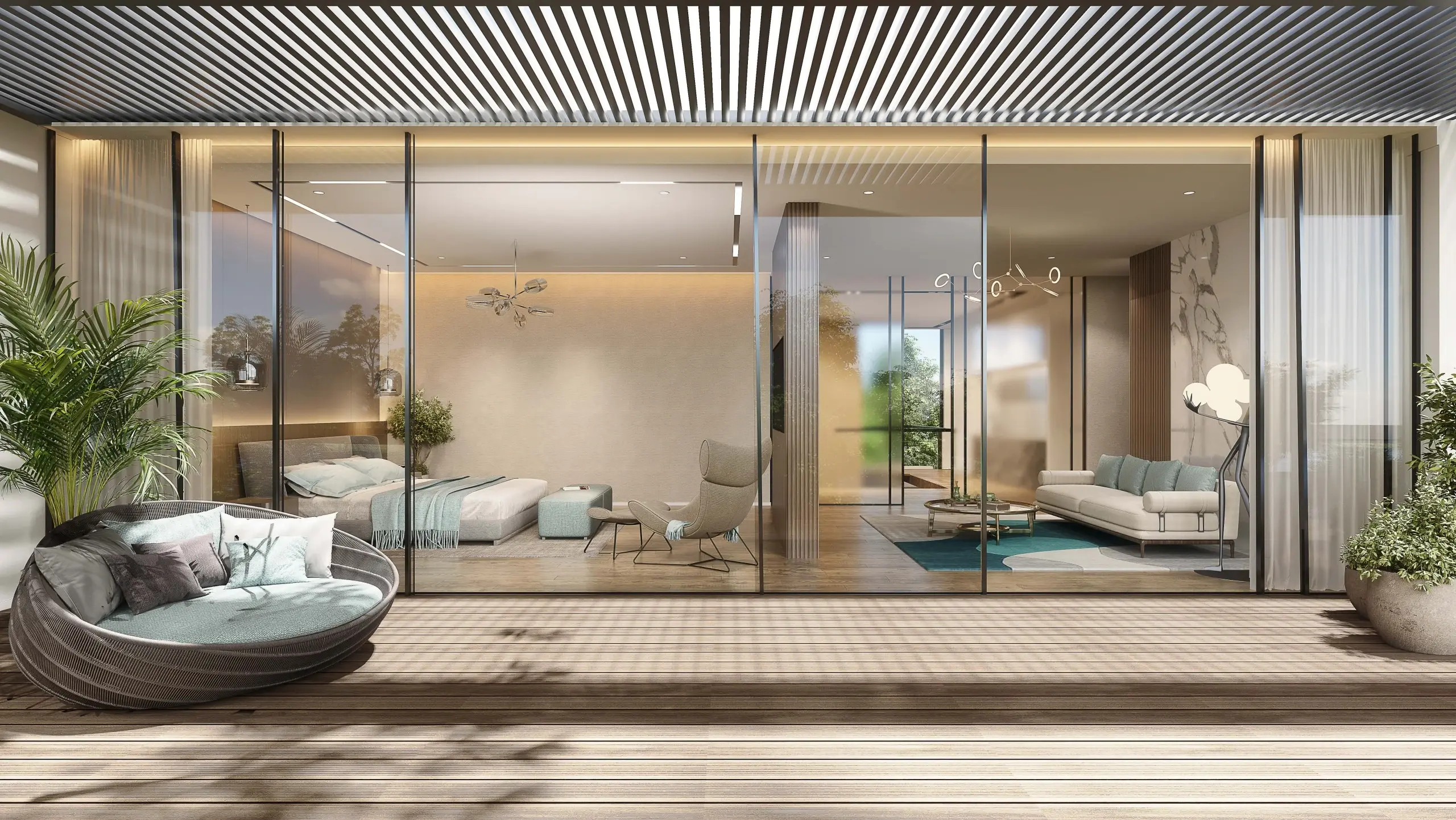 A patio overlooking a modern bedroom and living room.