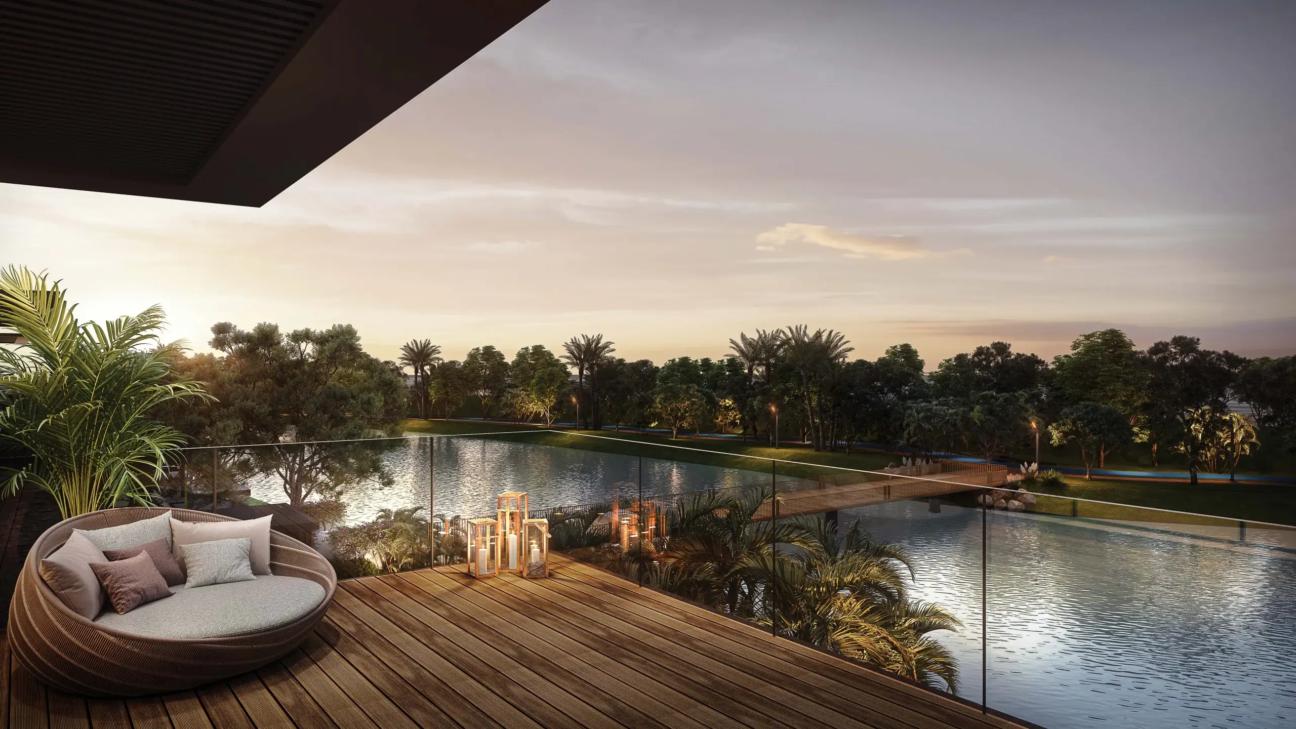 A luxury balcony with lake view at sunset.