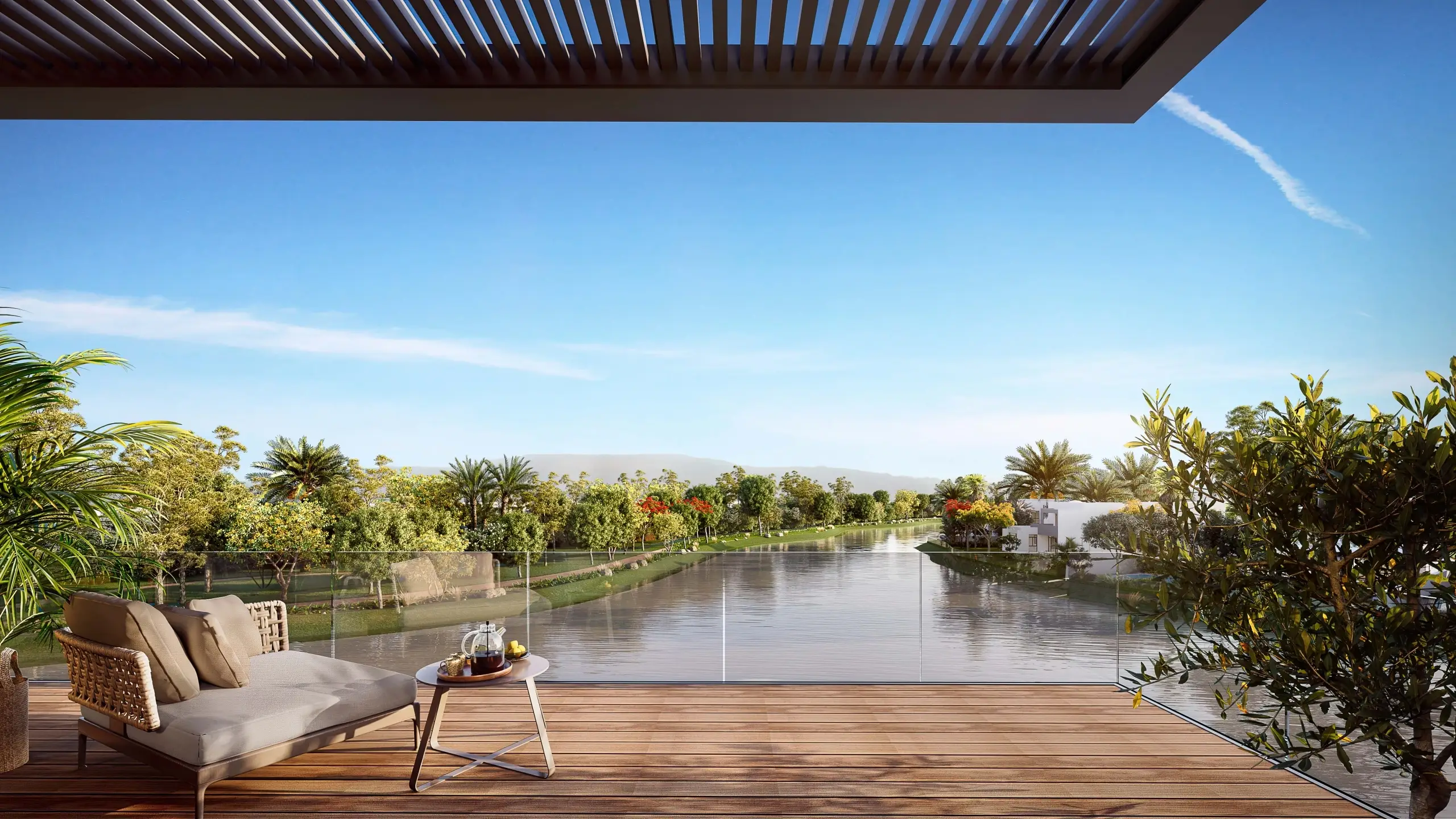 Balcony with lake and garden view.