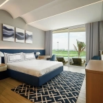 A bedroom with a bed, TV, and balcony.