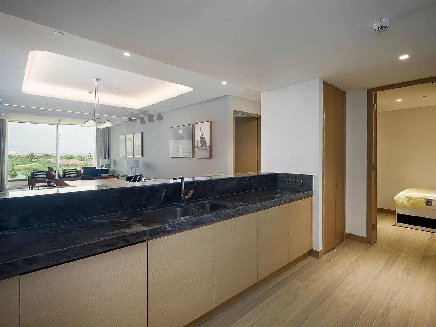 A contemporary kitchen and living area