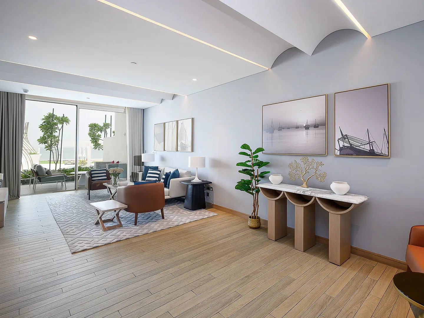 A bright living room with modern decor and a view