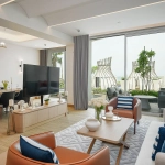 A modern living room with a dining area and patio