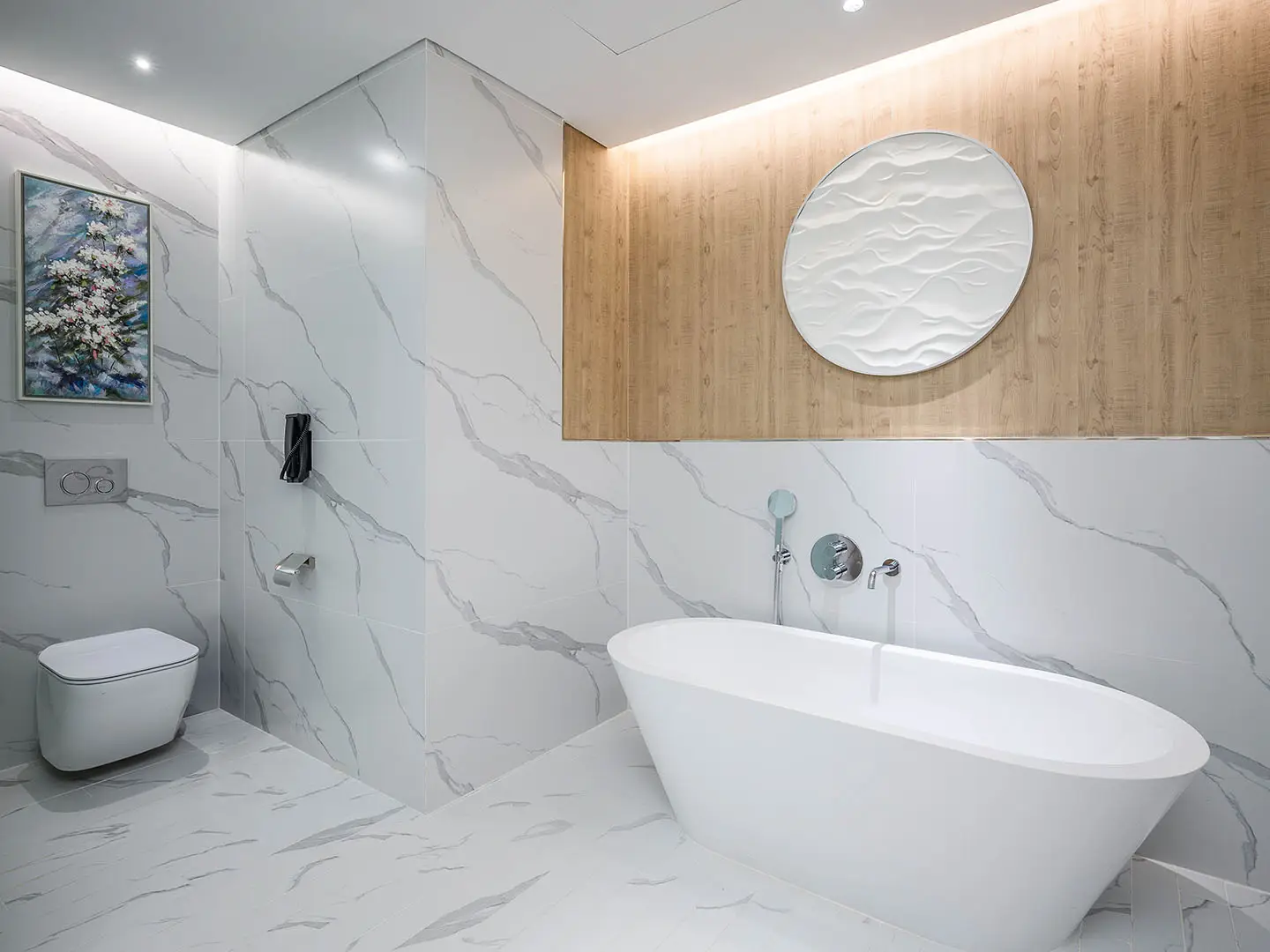 A luxurious bathroom with a freestanding tub