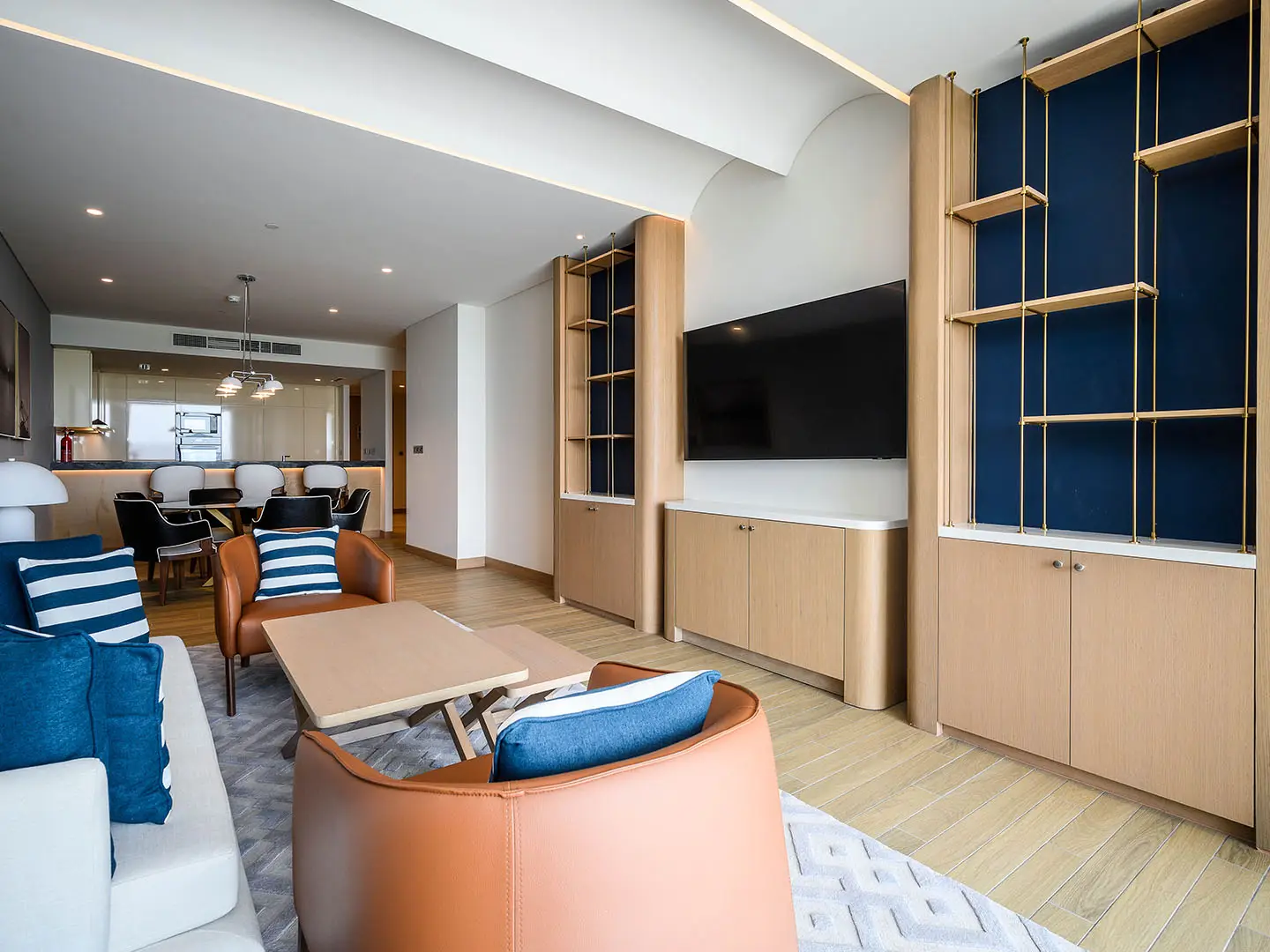 A stylish living room with blue accents