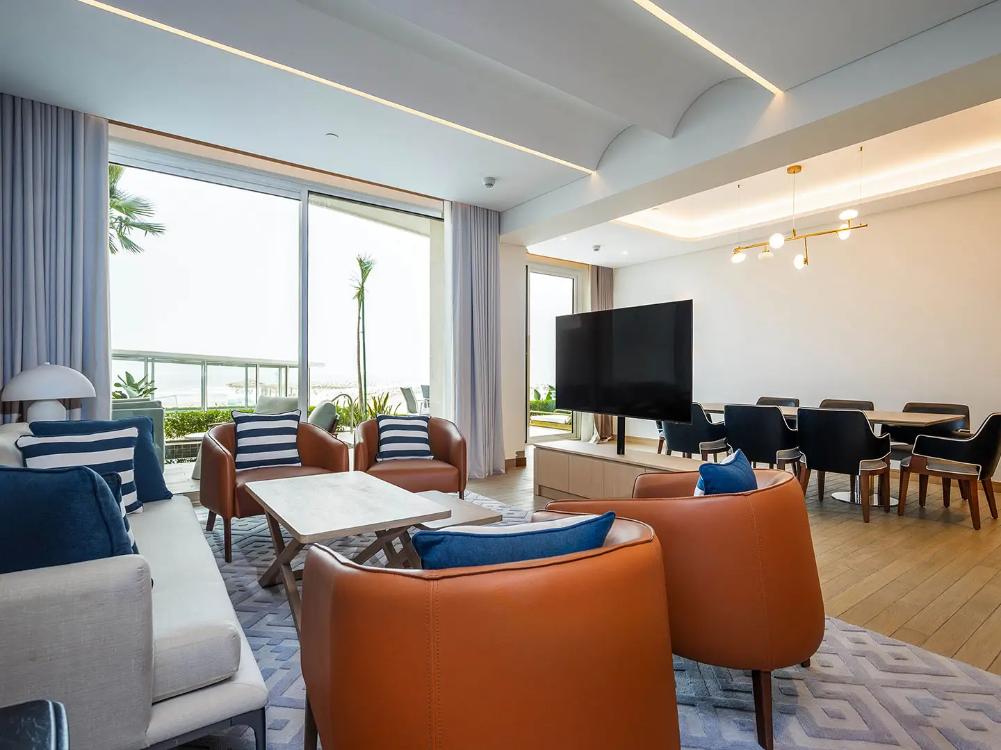 Stylish interior of a living room with a view